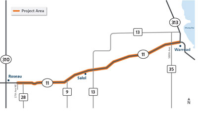 Highway 11 Roseau to Warroad project location map