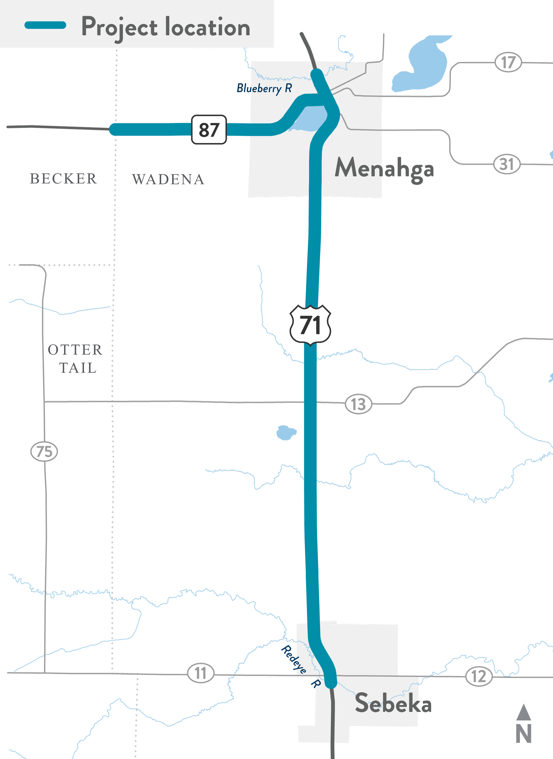 Project location map along Highway 71 from Sebeka to Menahga and Highway 87 west from Menahga to the Becker/Wadena county line.