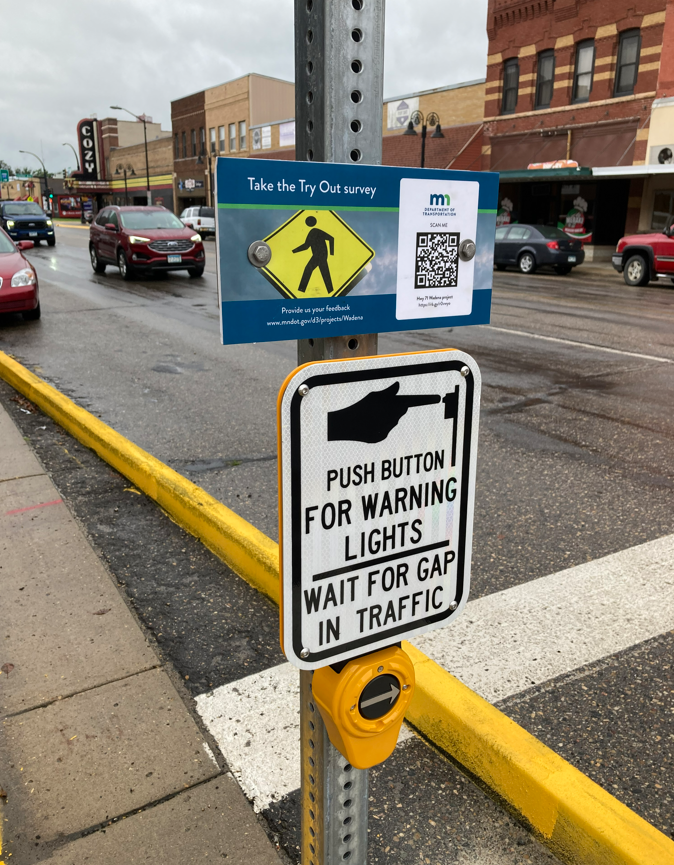 Photo of temporary set-up in downtown Wadena - shows push buttons for the pedestrian crossing sigal