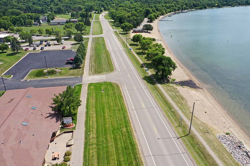 Hwy 104 road, beach, and bike path in Glenwood, MN.