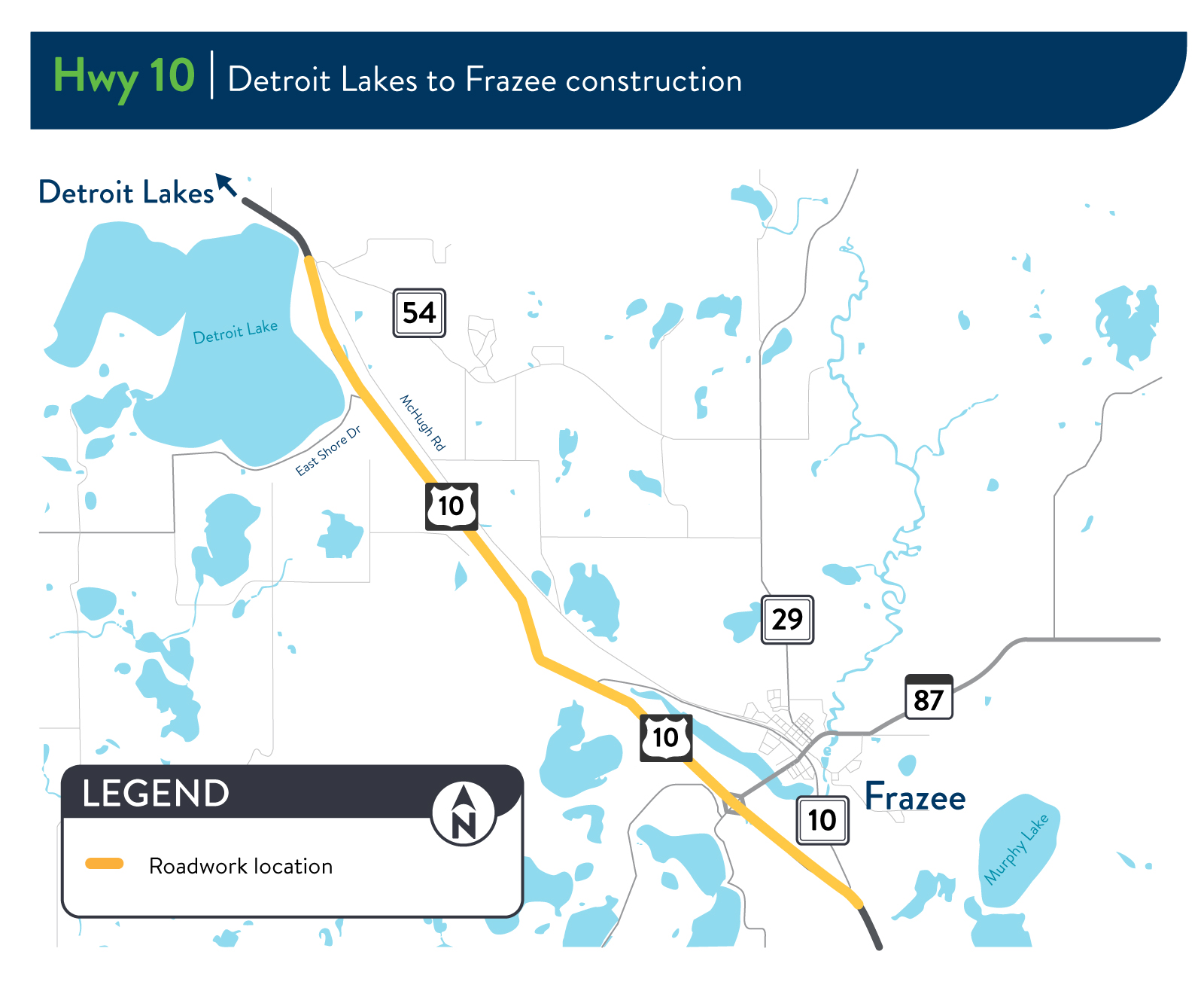 Map of Highway 10 resurfacing from Becker County Raod 54 to Otter Tail County Road 10.
