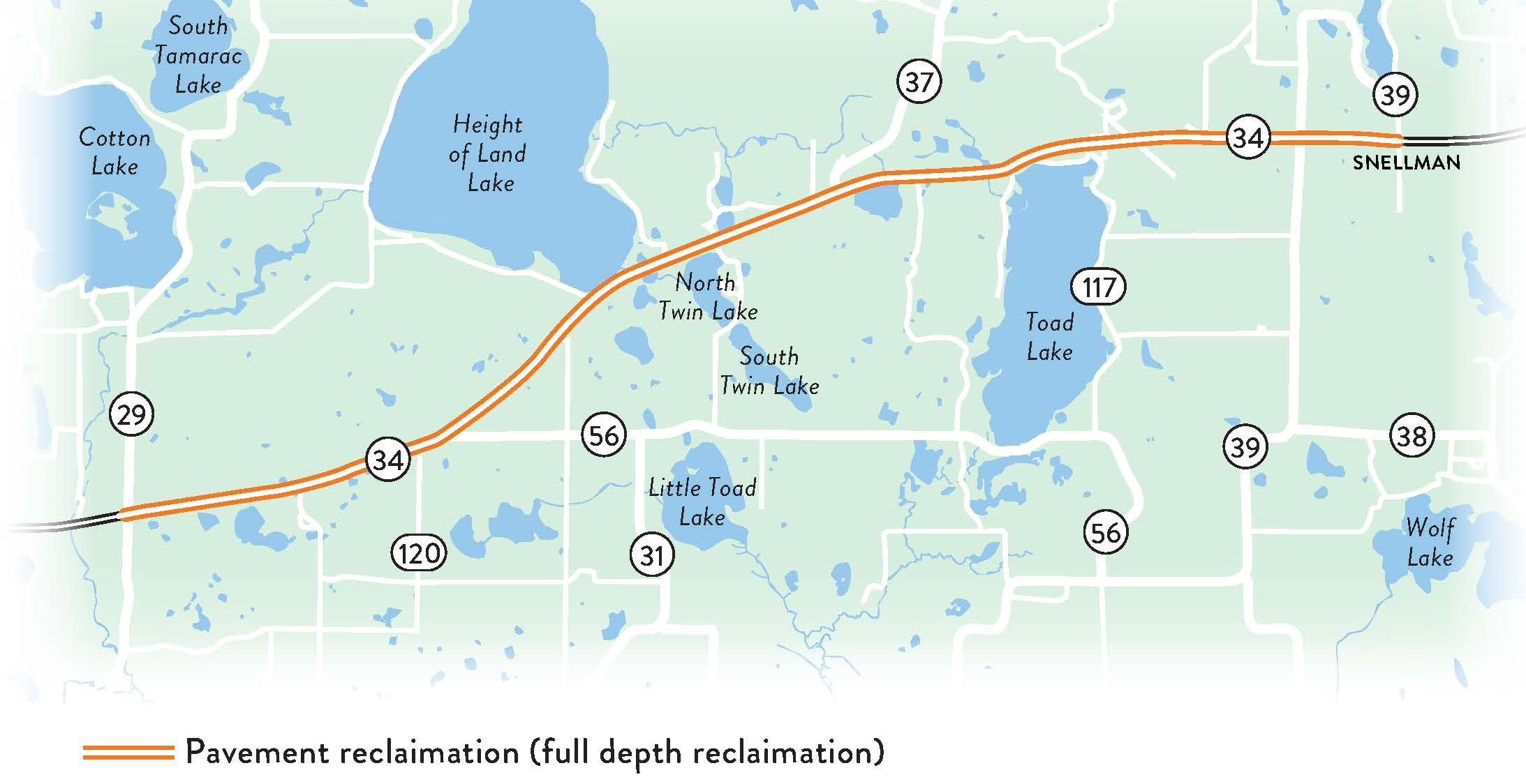 Map of Highway 34 from County 29 to Snellman.