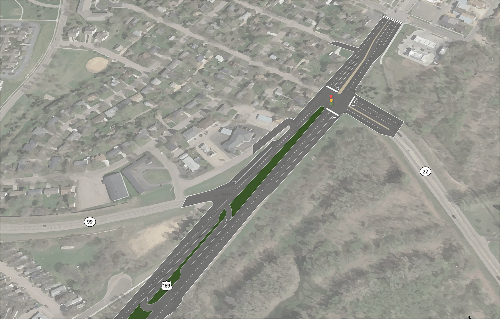 Illustration showing Concept D Build Alternative for Hwy 169, Hwy 22 and Hwy 99 in St. Peter, MN. Image shows the addition of a second SB Hwy 169 to EB Hwy 22 left turn lane, and an RCUT south of the Hwy 169/99 intersection to accommodate left turning movements.