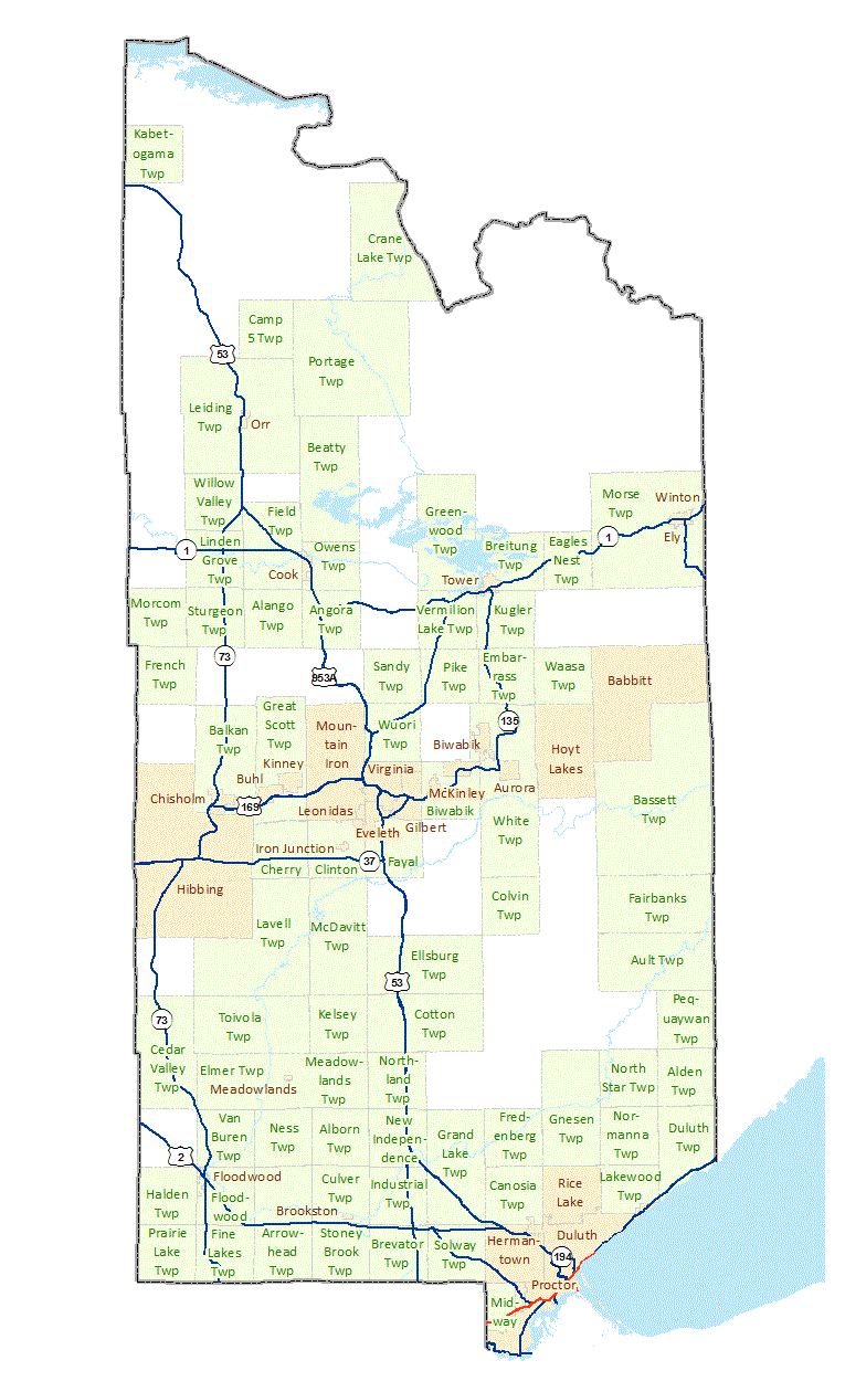 Saint Louis County image map with links to city and township maps