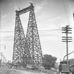 East side towers completed. Towers were placed on both sides of the river and held up the cableway, for transport of materials and workers to the construction area